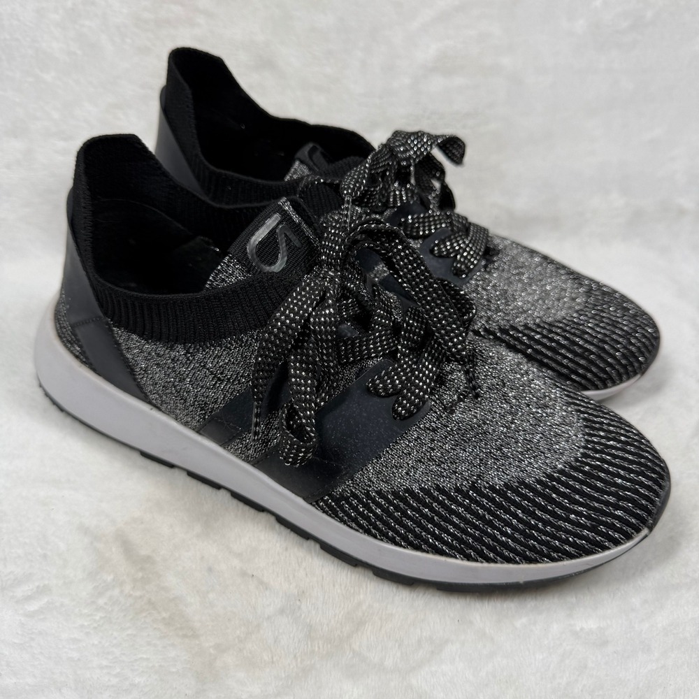 GAP Womens Knit Athletic Sneakers Black Silver Metallic Lace Up Shoes Size 6.5